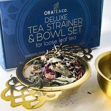 Load image into Gallery viewer, Deluxe Gold Tea Strainer + Bowl Set