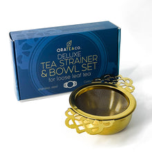 Load image into Gallery viewer, Deluxe Gold Tea Strainer + Bowl Set