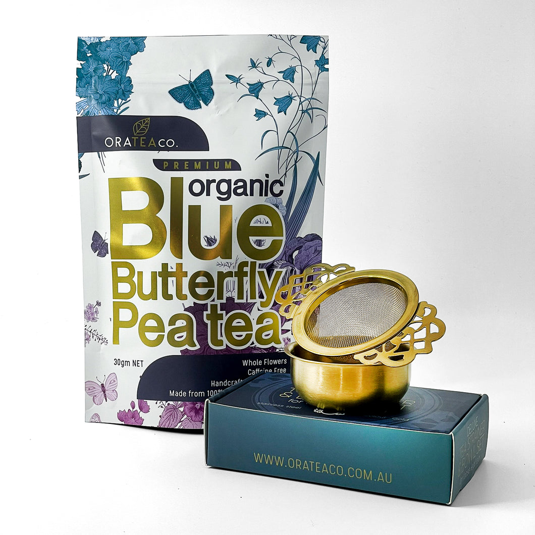 Blue Butterfly + Deluxe Gold Tea Strainer Set Bundle